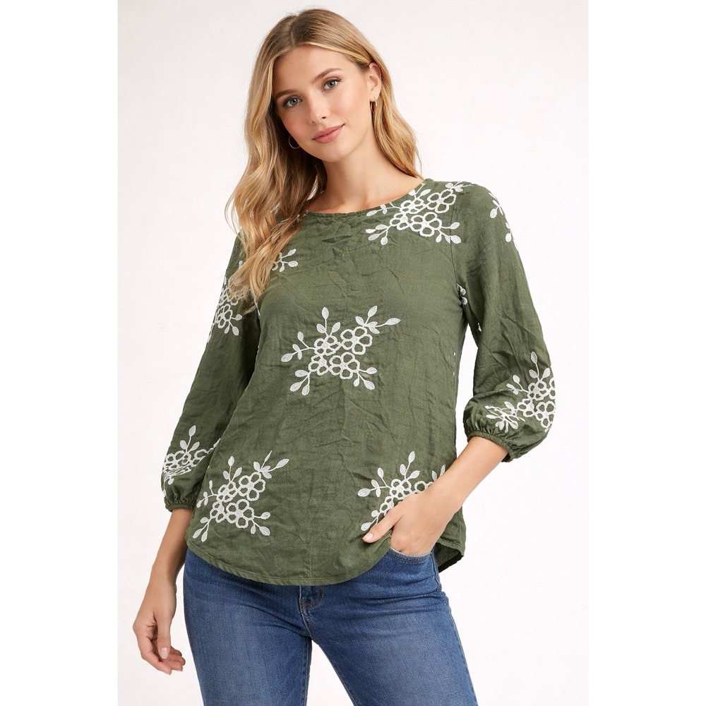 Kindred Petite Women's Olive Green Floral Embroidered Blouse PS 3/4 Sleeve Boho